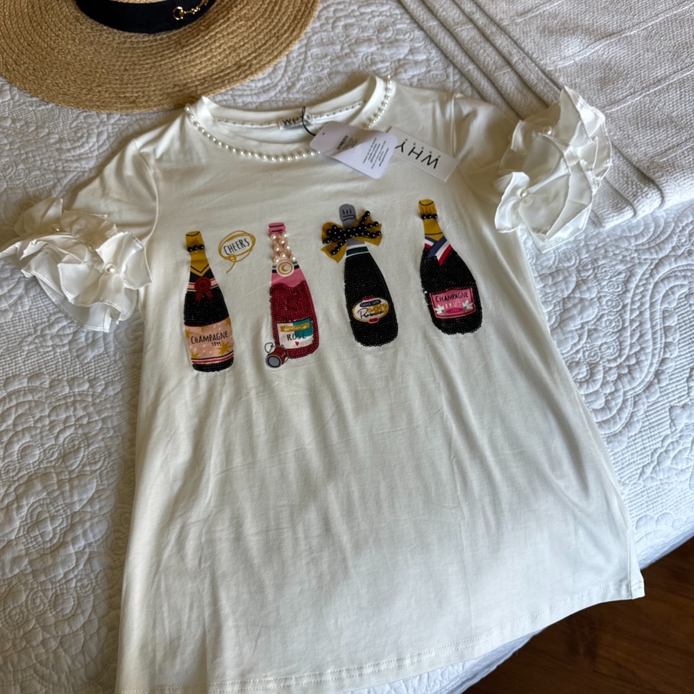 Cheers To You Graphic Champagne Rose Prosecco Sequin Ruffle Tee Shirt Size Small